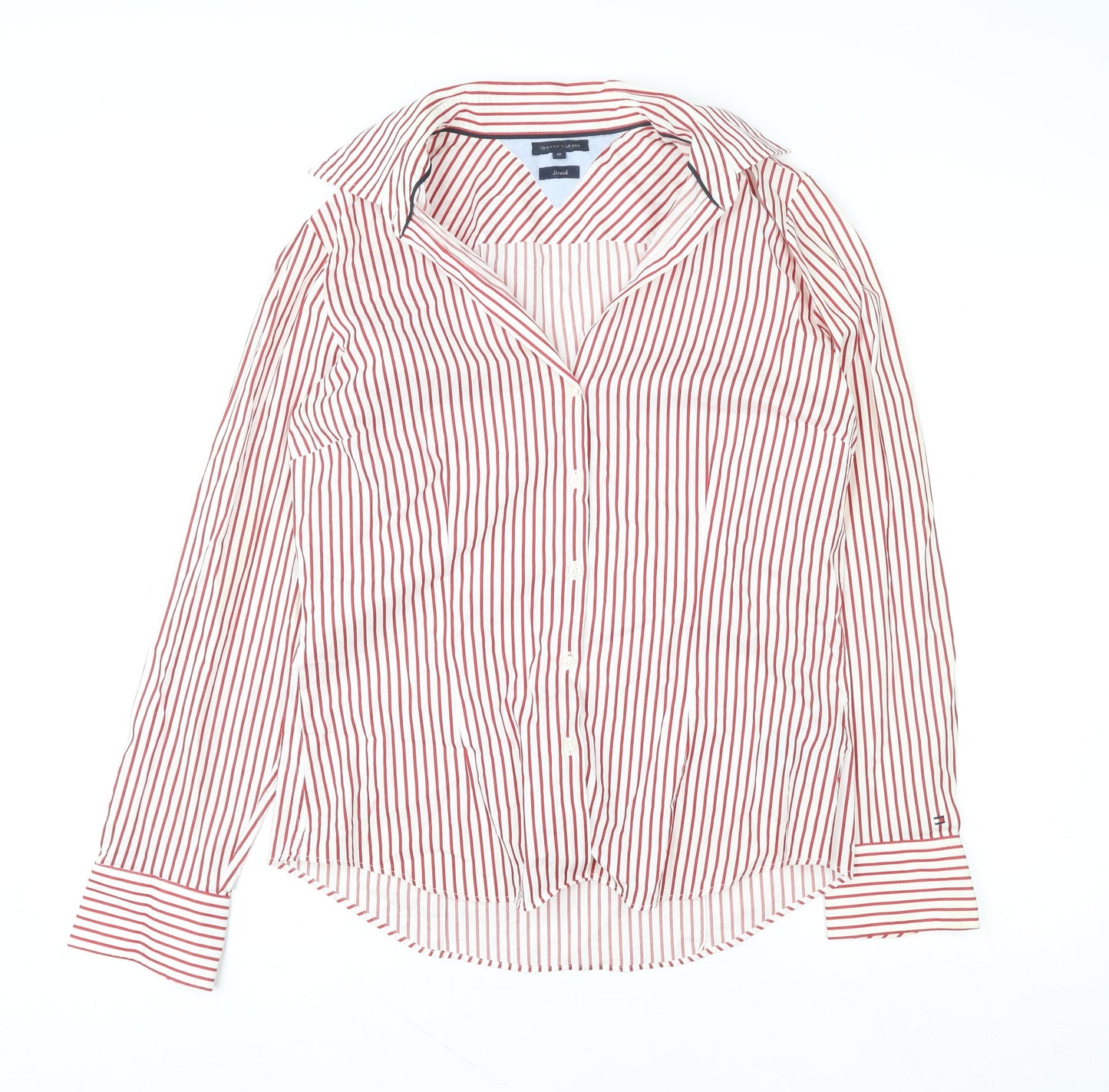 Tommy Hilfiger Women's Red Striped Cotton Stretch Button-Up Shirt Size 12