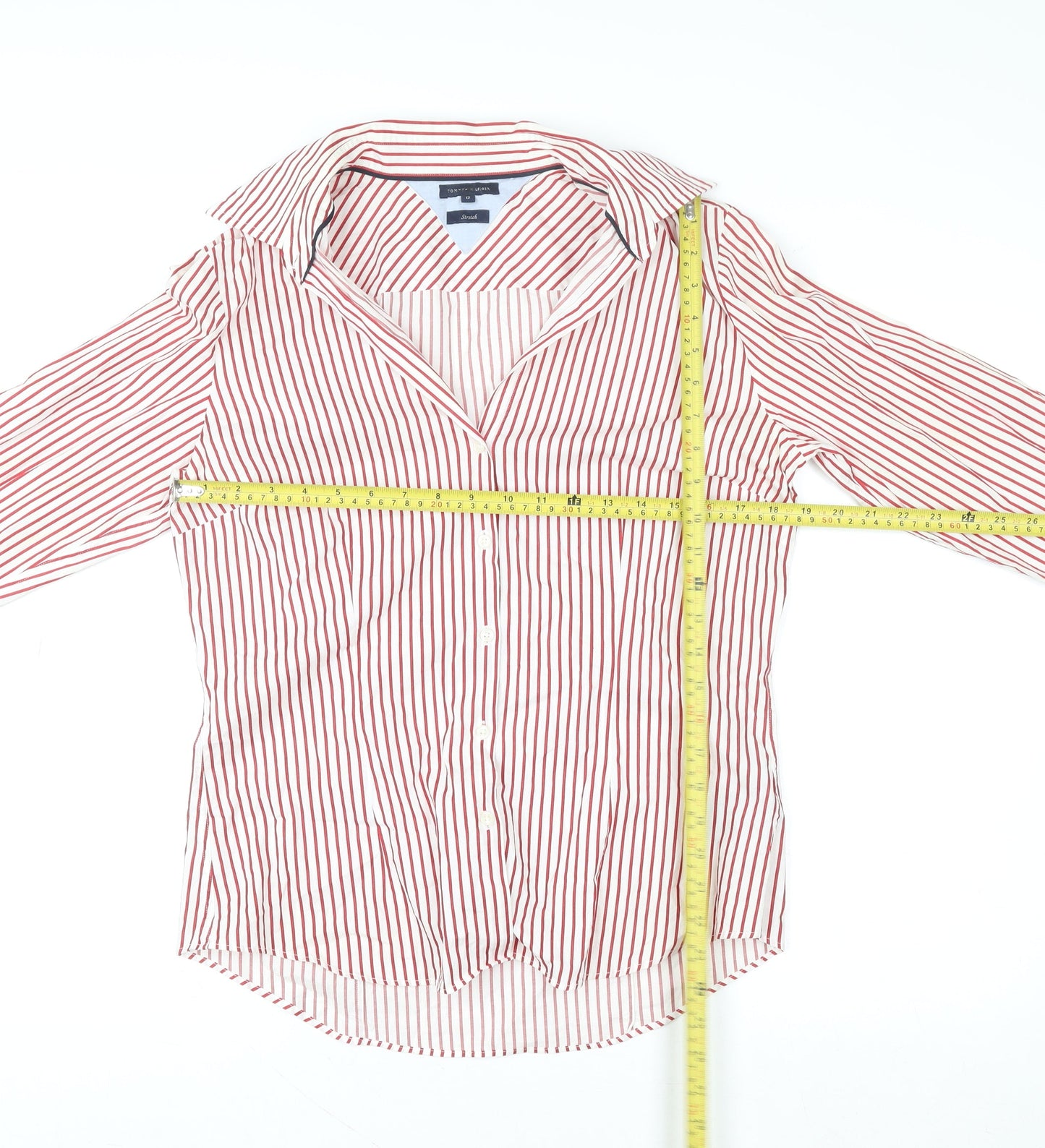 Tommy Hilfiger Women's Red Striped Cotton Stretch Button-Up Shirt Size 12