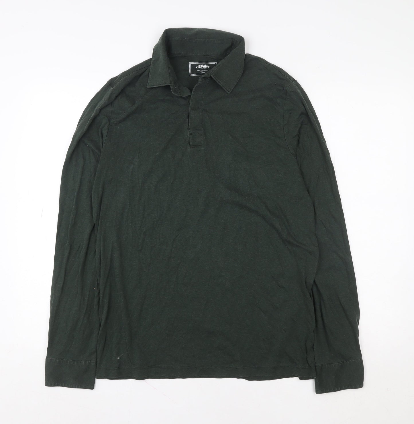 Charles Tyrwhitt Men's Dark Green Long Sleeve Button-Up Shirt Medium