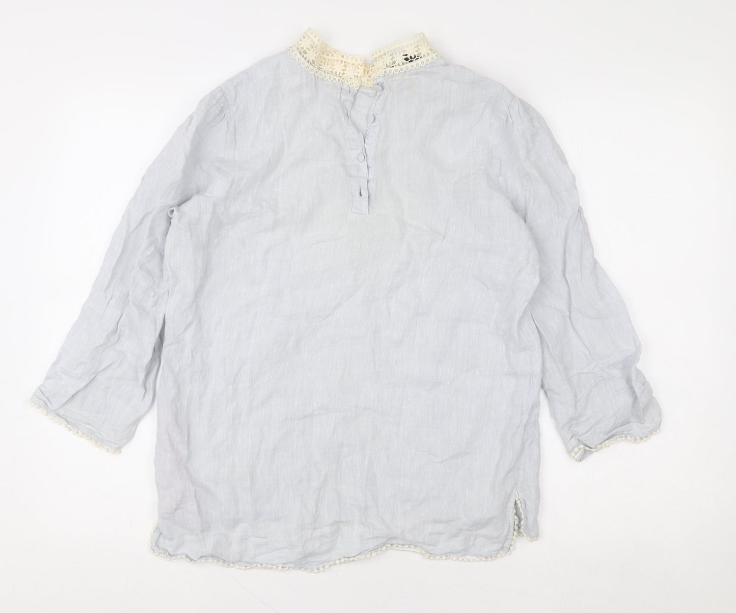 Zara Basic Women’s Grey Linen Crochet High Neck 3/4 Sleeve Blouse Size S