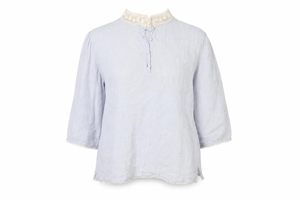 Zara Basic Women’s Grey Linen Crochet High Neck 3/4 Sleeve Blouse Size S