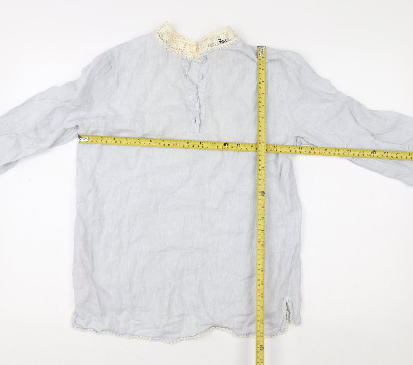 Zara Basic Women’s Grey Linen Crochet High Neck 3/4 Sleeve Blouse Size S
