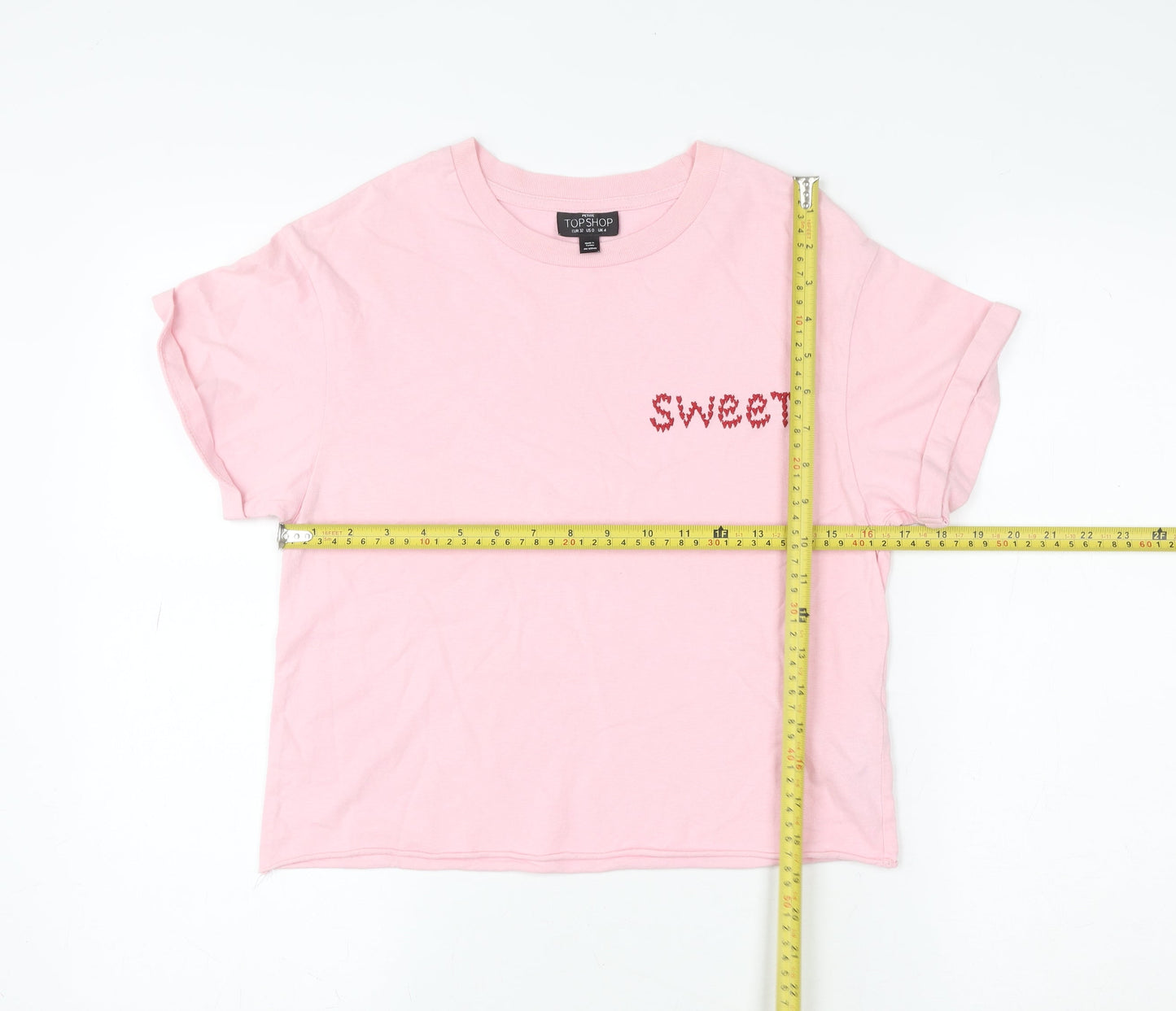 Topshop Petite Women Pink Embroidered 'Sweet' Cotton T-Shirt UK 4