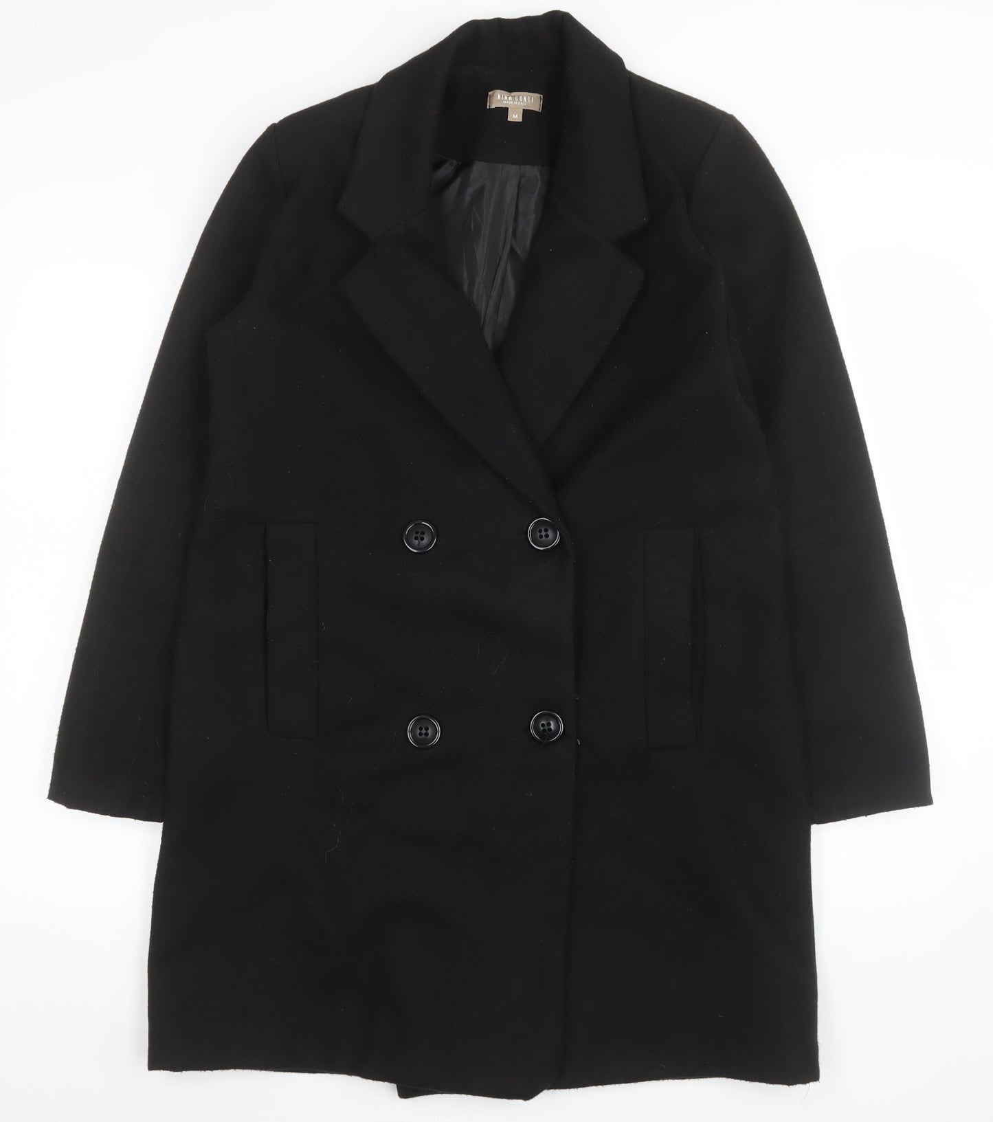 Nina Conti Women's Black Long Overcoat Size M Lined Button Classic Style