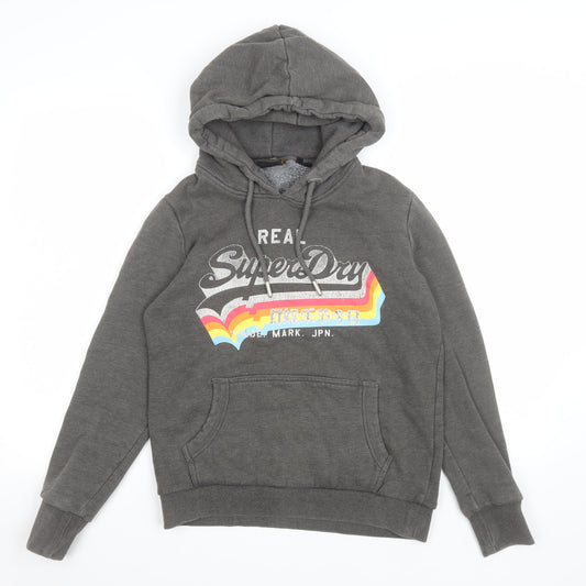 Superdry Women Grey Pullover Hoodie UK 12 with Logo Print