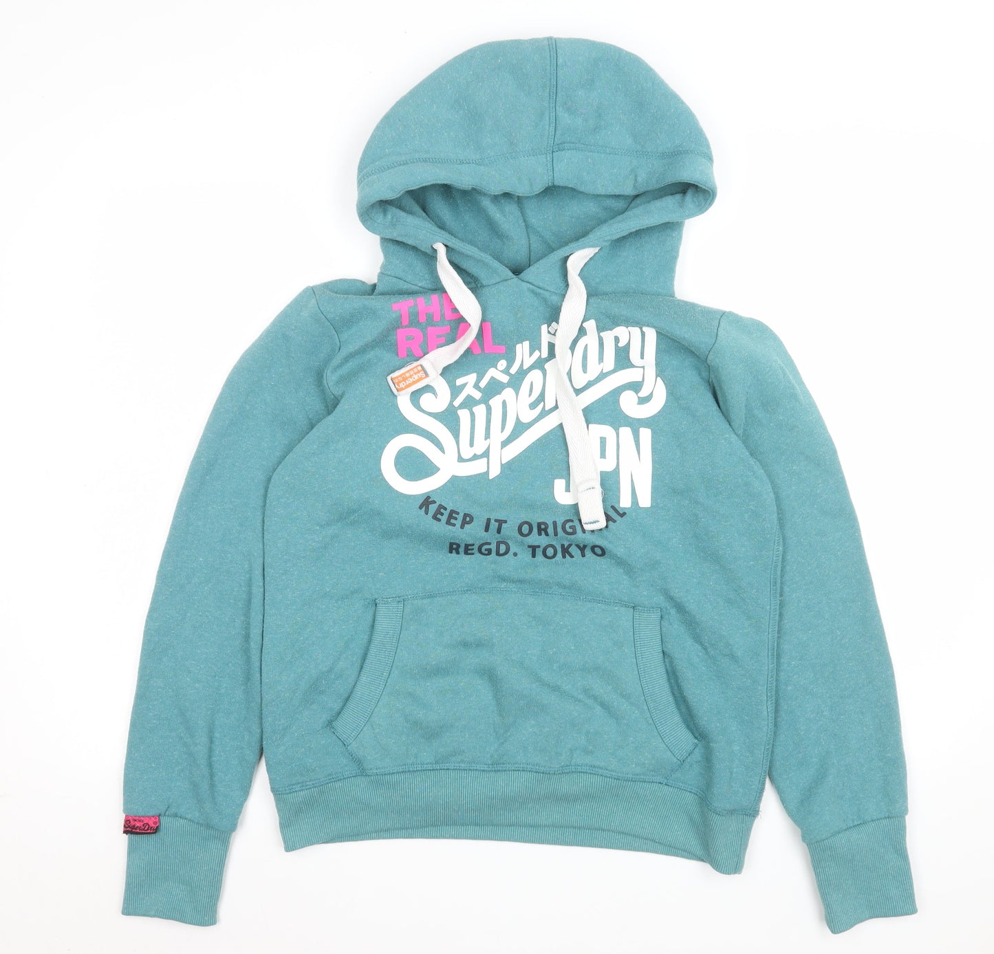 Superdry Womens Teal Pullover Hoodie L Vintage Graphic Print Casual