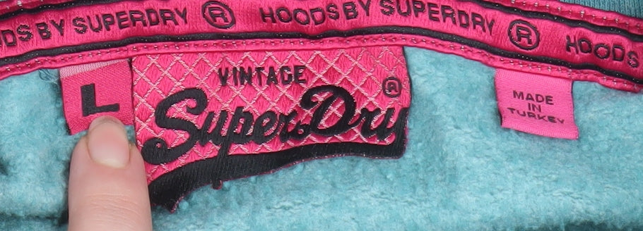 Superdry Womens Teal Pullover Hoodie L Vintage Graphic Print Casual