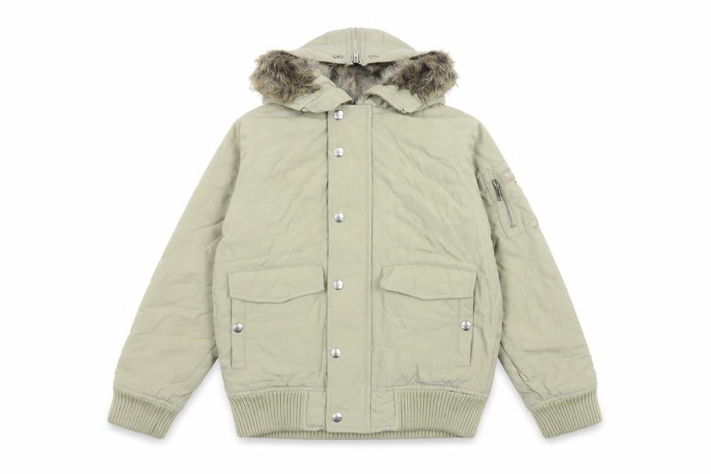 Front view of Woolrich Kids girls’ beige hooded puffer jacket age 10 with faux fur trim