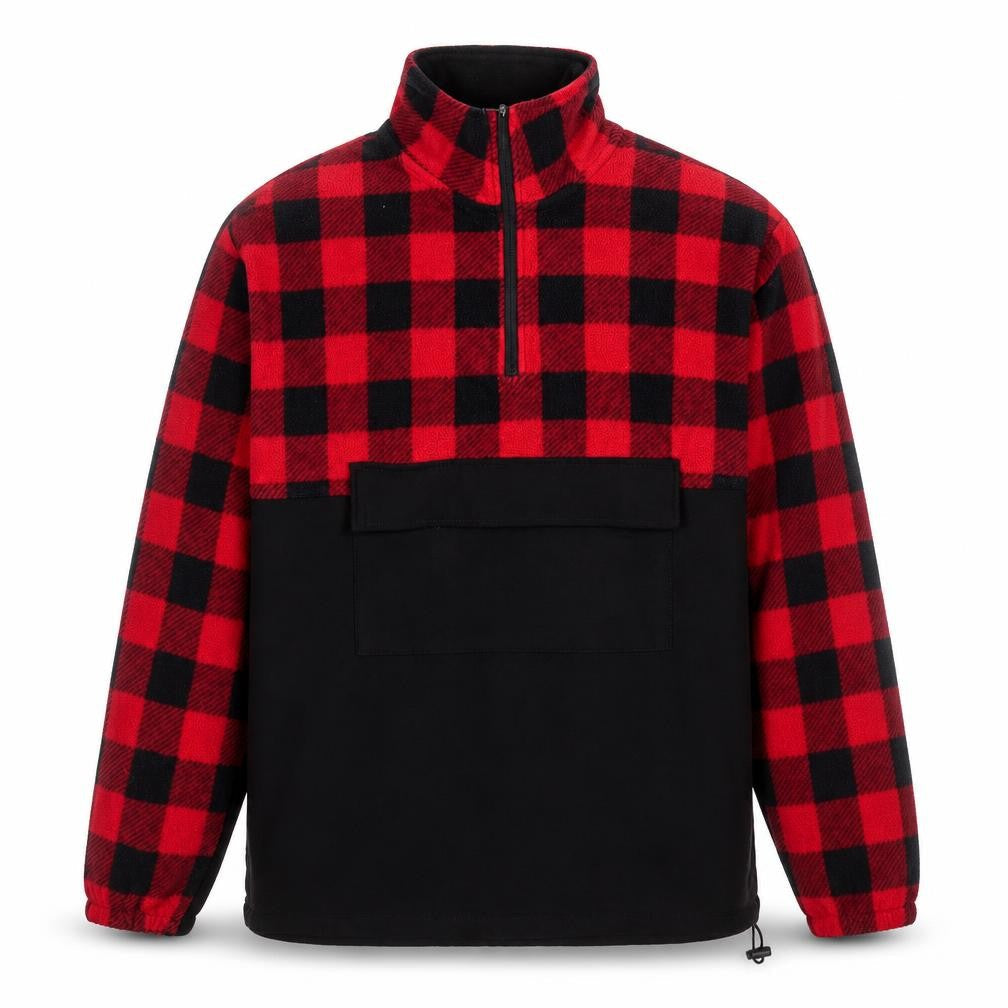 AGORA Men's Red Black Check 1/4 Zip Fleece Pullover Sweatshirt Size S