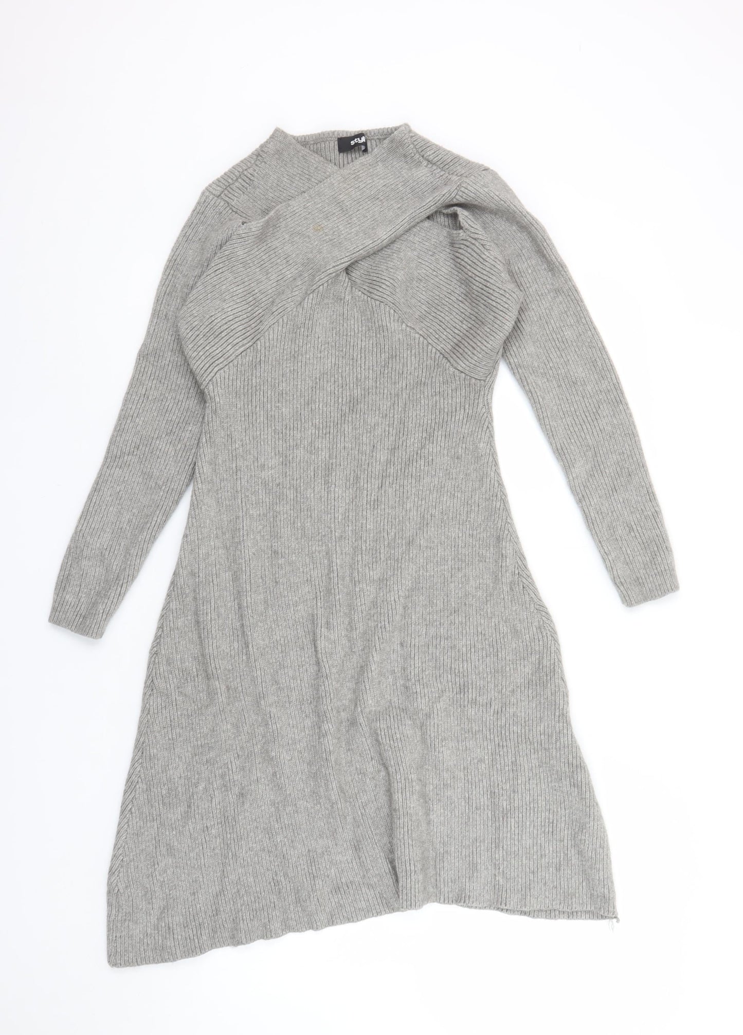 Styli Women Grey Long Sleeve Knit Sweater Dress Size L