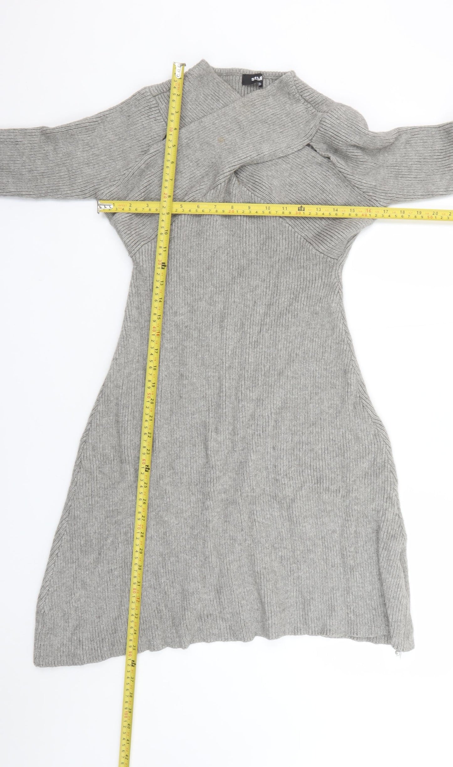 Styli Women Grey Long Sleeve Knit Sweater Dress Size L