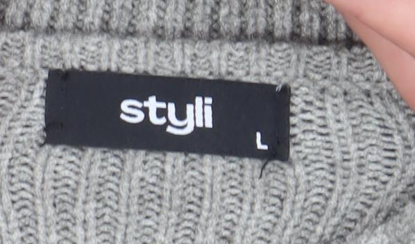 Styli Women Grey Long Sleeve Knit Sweater Dress Size L