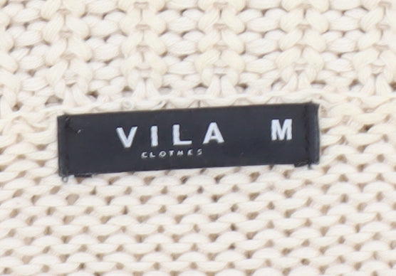 Vila Women Beige Cotton Chunky Knit Cowl Neck Cardigan M