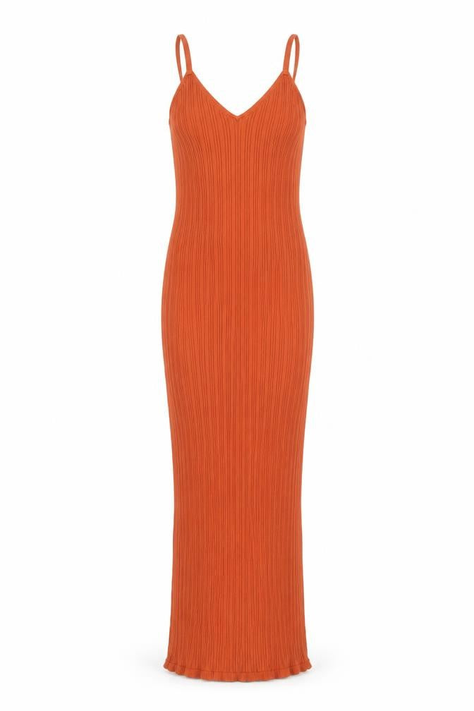 Front view of ASOS DESIGN Women’s Orange Viscose Ribbed Long Slip Dress, size UK 8-10