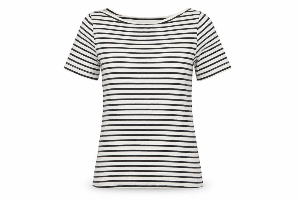 Warehouse Women’s Black White Striped Boat Neck Cotton T-Shirt Size 10