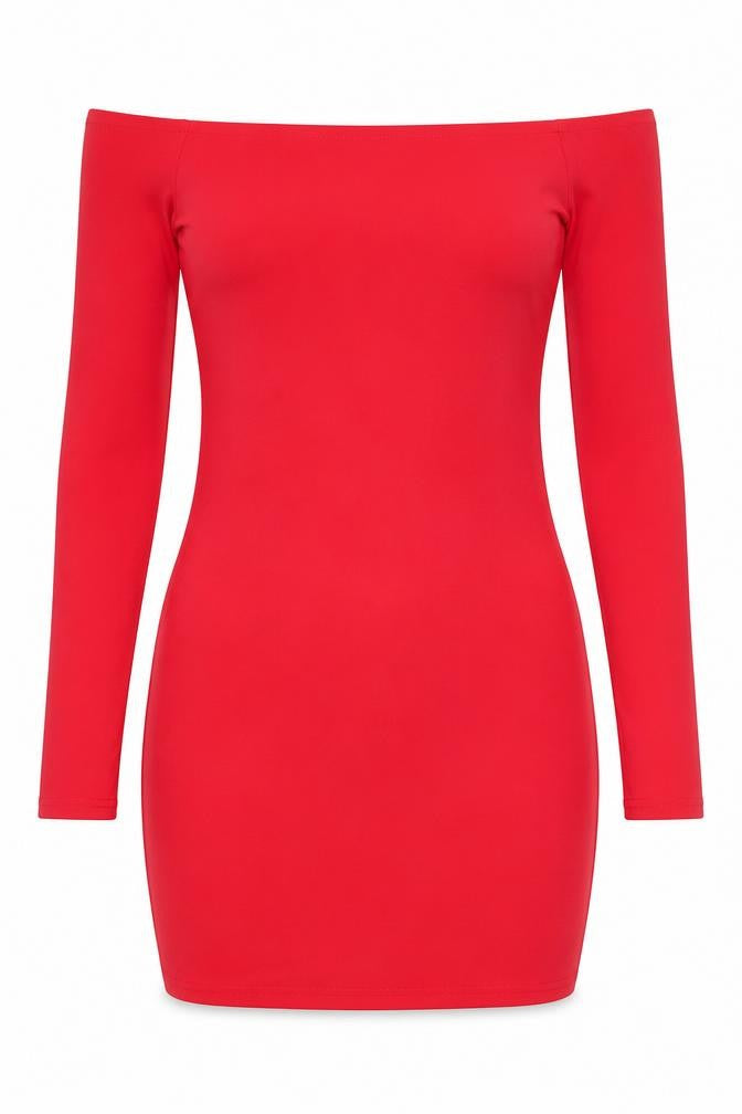 Front view of Missguided Women’s Red Off Shoulder Bodycon Dress, size UK 12