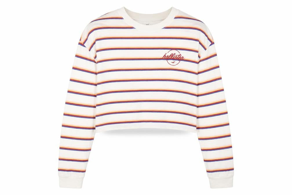 Hollister Women’s Multicoloured Striped Cropped Long Sleeve T-Shirt S