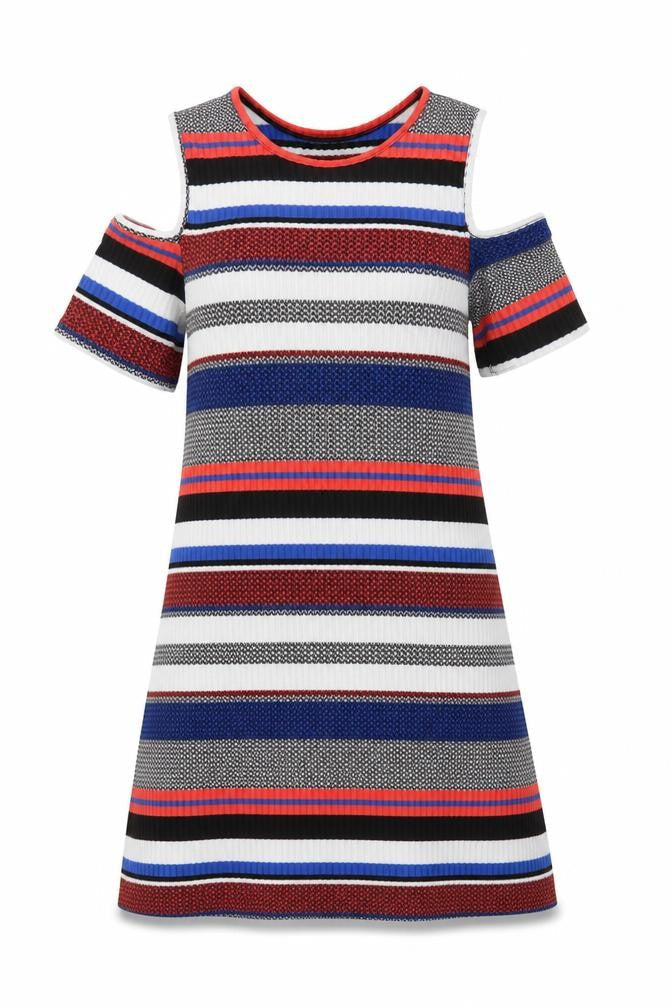 Front view of Papaya Women’s Multicoloured Striped Cold Shoulder Shift Dress, size M