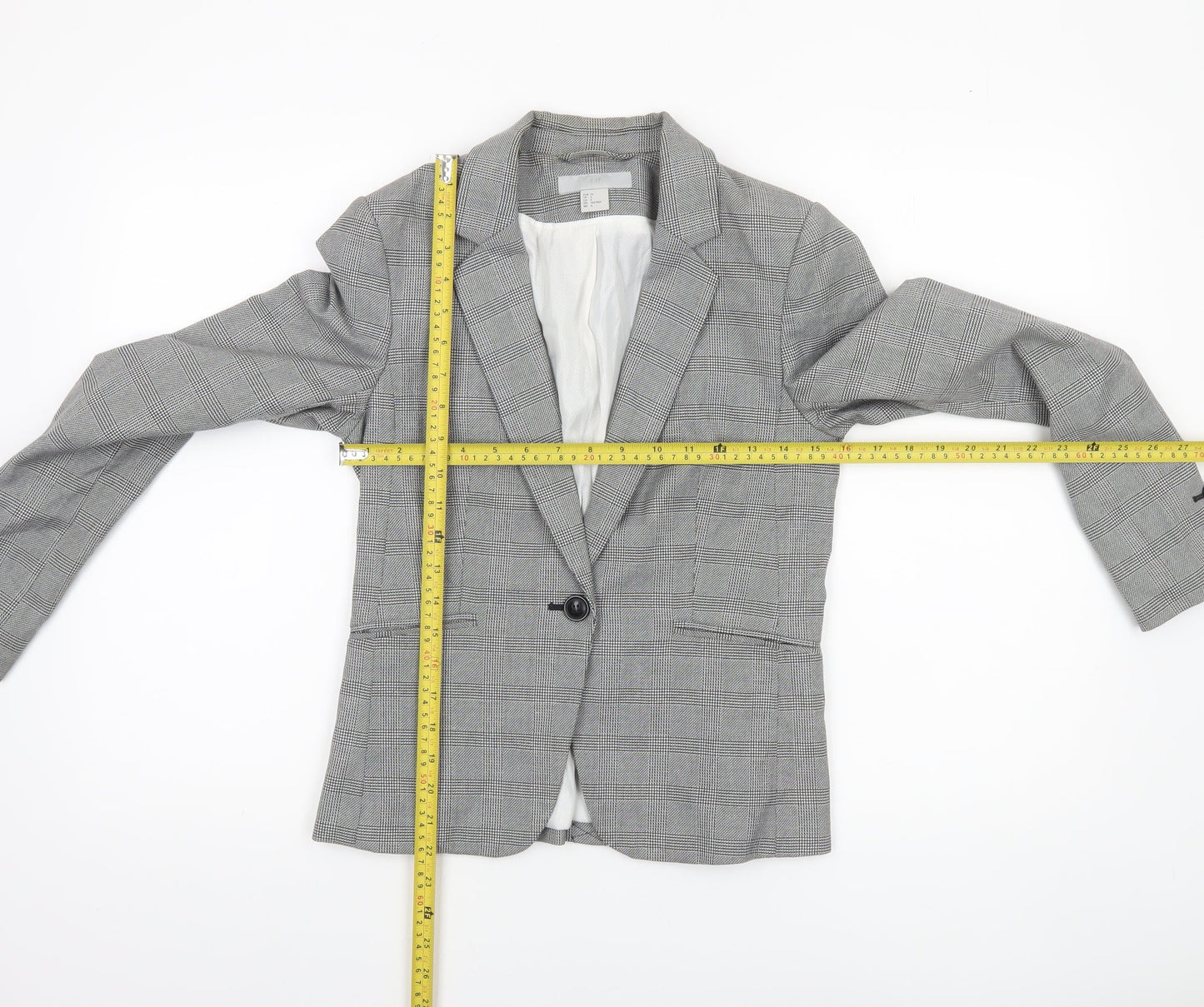 H&M Women Grey Check Blazer Size 8 Single-Breasted Tailored Jacket