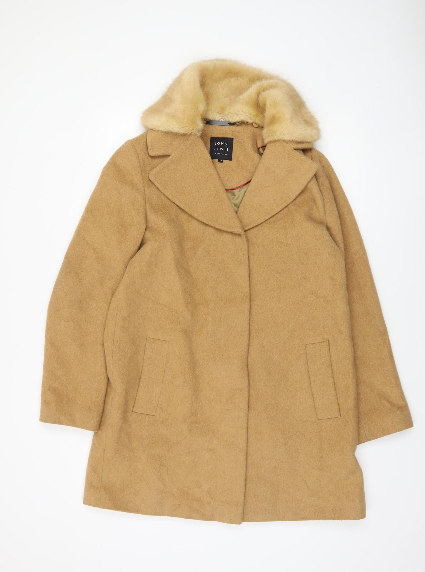 John Lewis & Partners Women's Beige Wool Blend Faux Fur Collar Coat Size 10