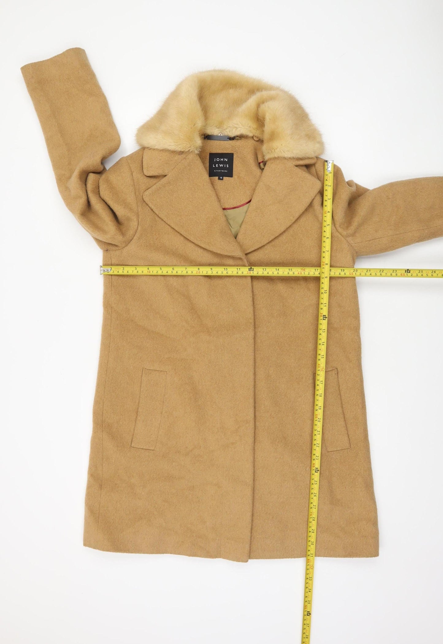 John Lewis & Partners Women's Beige Wool Blend Faux Fur Collar Coat Size 10