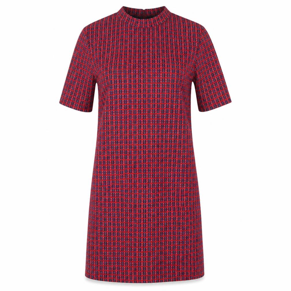 Topshop Women's Red Check Mock Neck Shift Dress Size 8