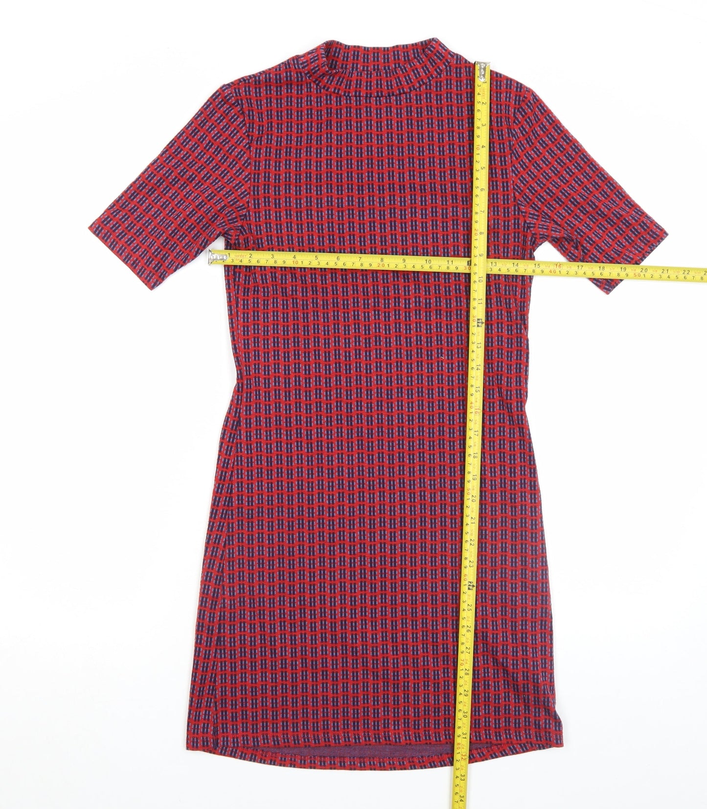 Topshop Women's Red Check Mock Neck Shift Dress Size 8