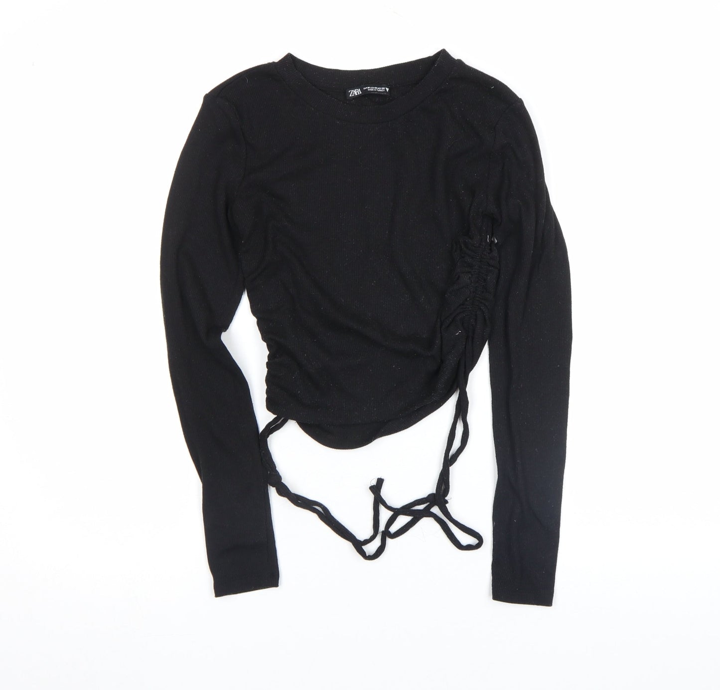 ZARA Womens Black Cropped Long Sleeve Ribbed Drawstring Top Size M