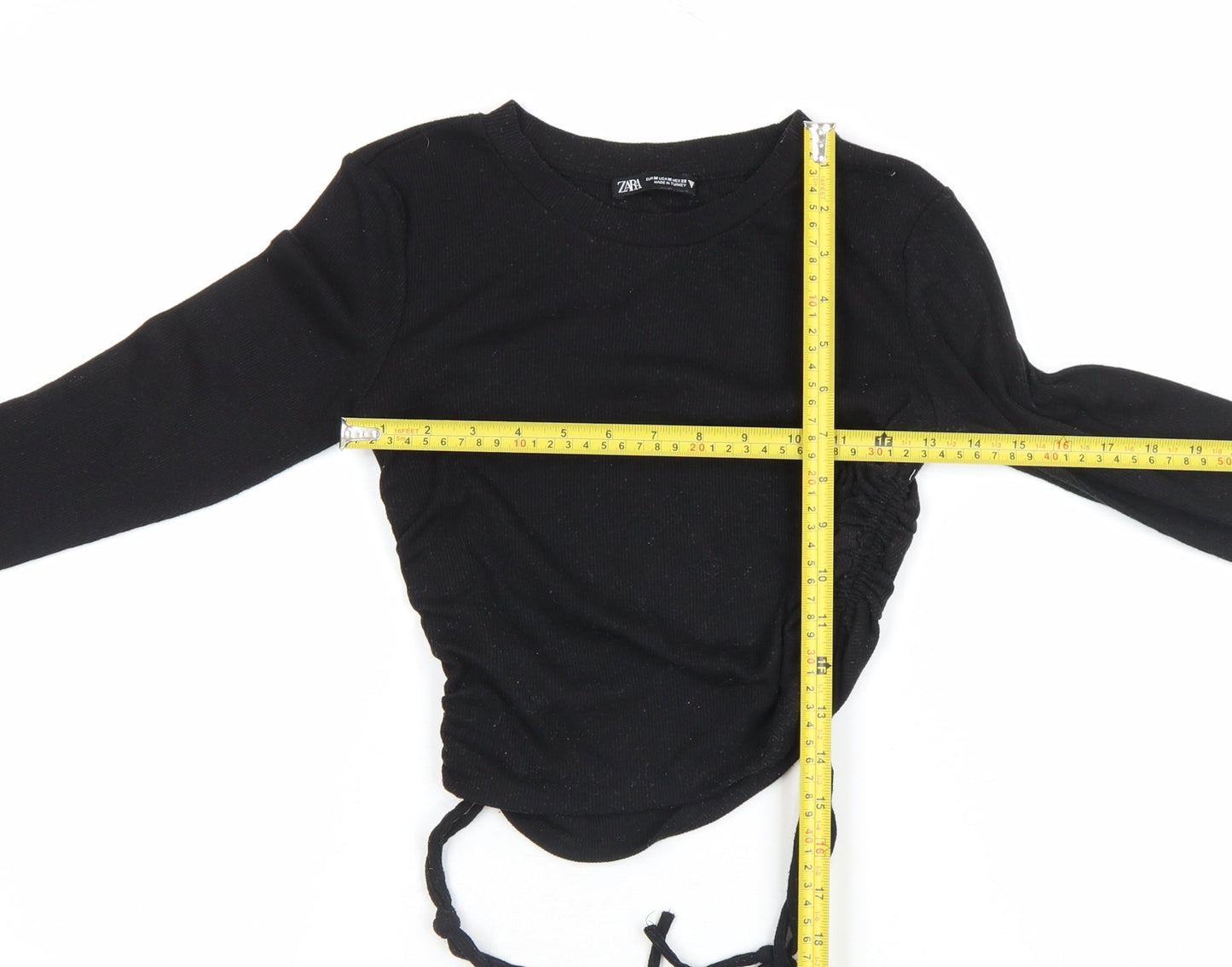 ZARA Womens Black Cropped Long Sleeve Ribbed Drawstring Top Size M