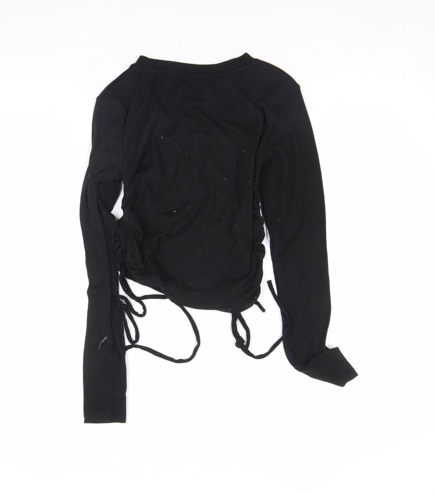 ZARA Womens Black Cropped Long Sleeve Ribbed Drawstring Top Size M
