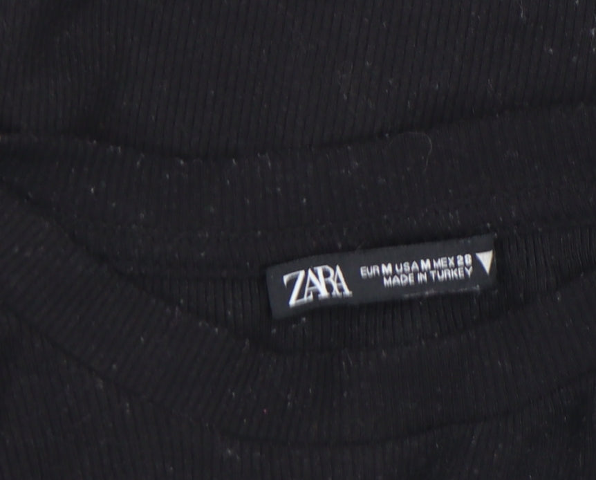 ZARA Womens Black Cropped Long Sleeve Ribbed Drawstring Top Size M