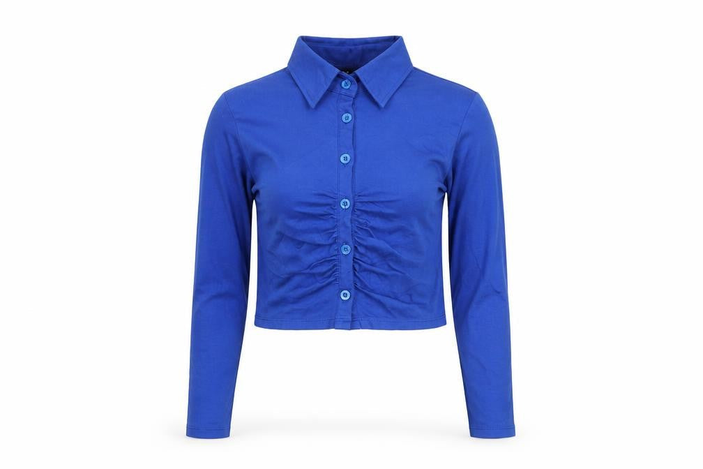 Motel Women's Blue Cropped Button-Up Long Sleeve Collared Shirt 2XS