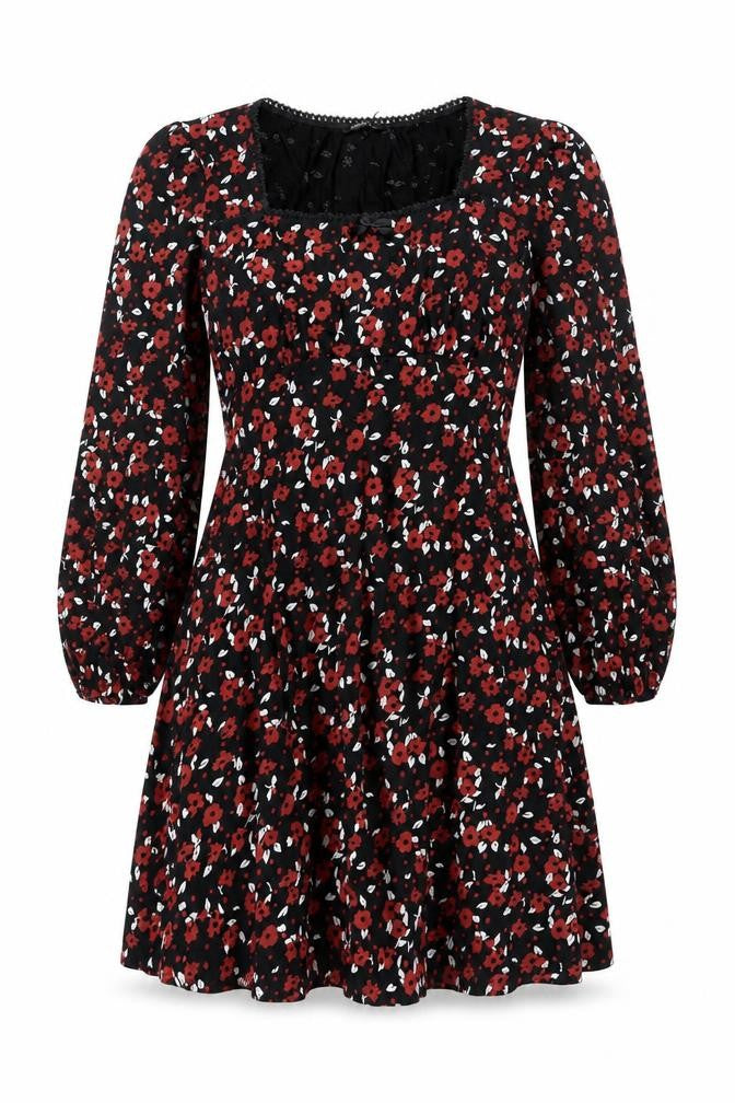 Front view of Roman Women’s Black Floral Fit & Flare Dress, size UK 10, Long Sleeve