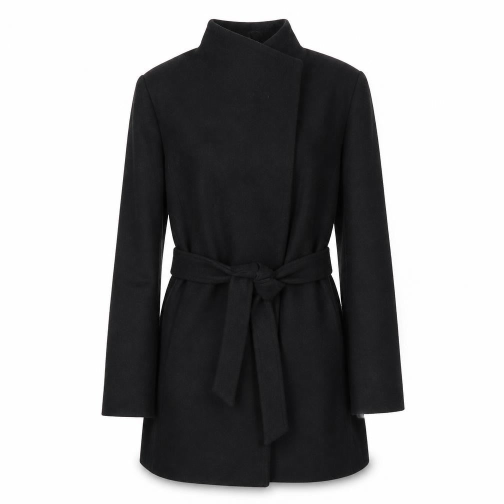 Front view of French Connection Women's Black Wool Belted Mid-Length Coat, size S