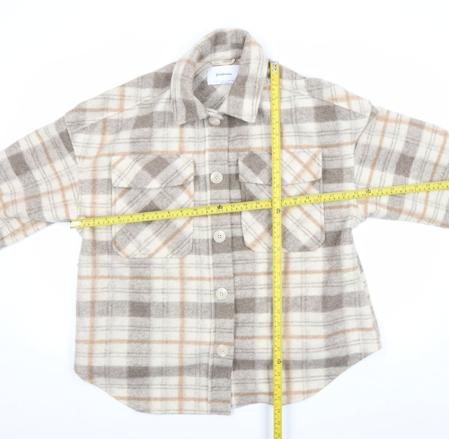 Stradivarius Women Beige Check Shacket Jacket Size 14 Lined Button Up