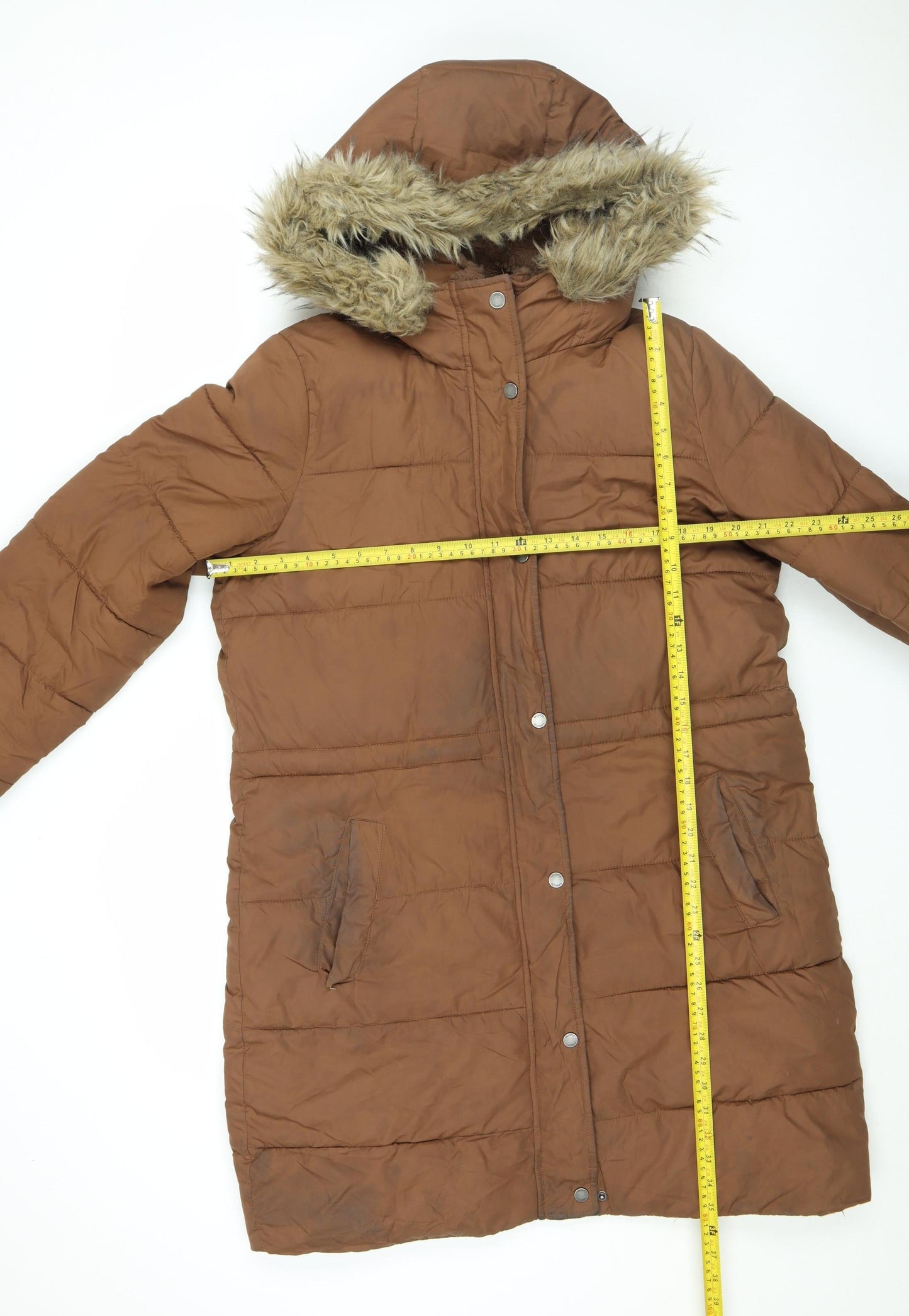 Hollister Women's Brown Long Puffer Jacket Coat L Hooded Faux Fur Winter