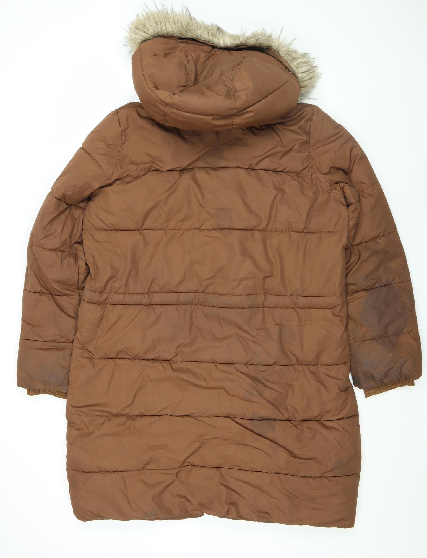 Hollister Women's Brown Long Puffer Jacket Coat L Hooded Faux Fur Winter