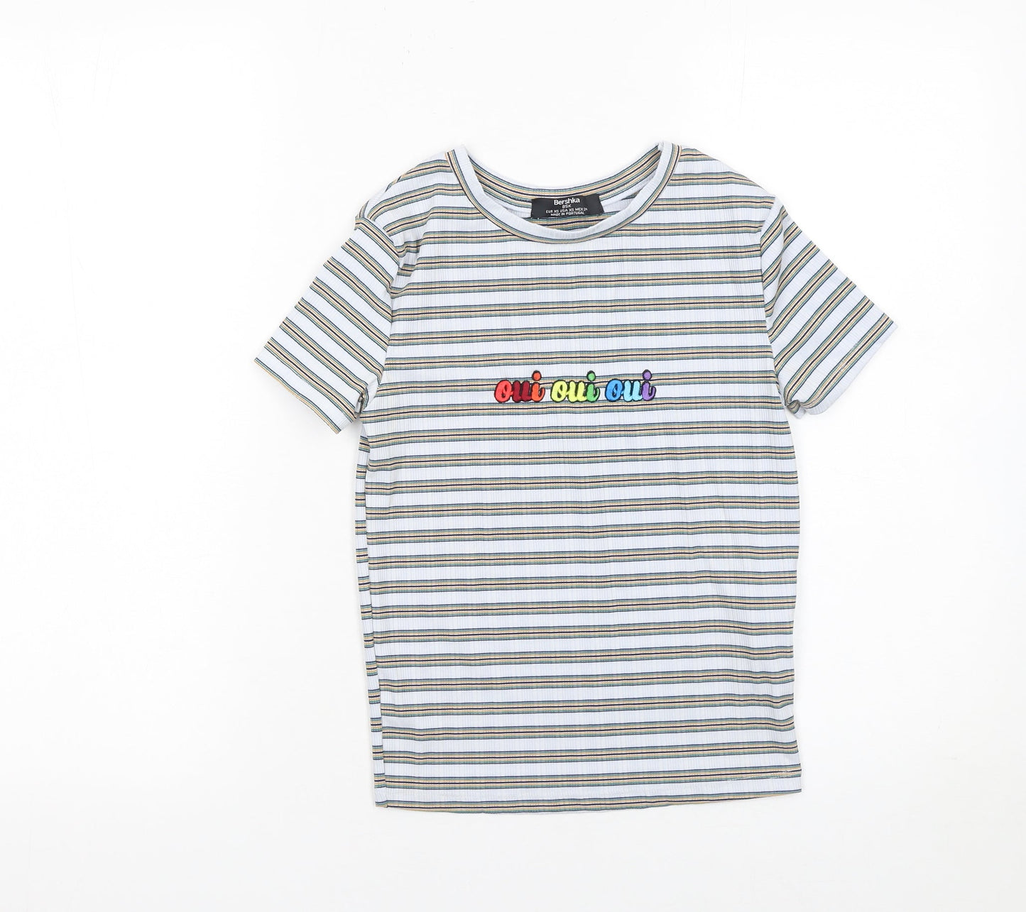 Bershka Women’s Multicoloured Striped Embroidered Oui Oui Oui T-Shirt XS
