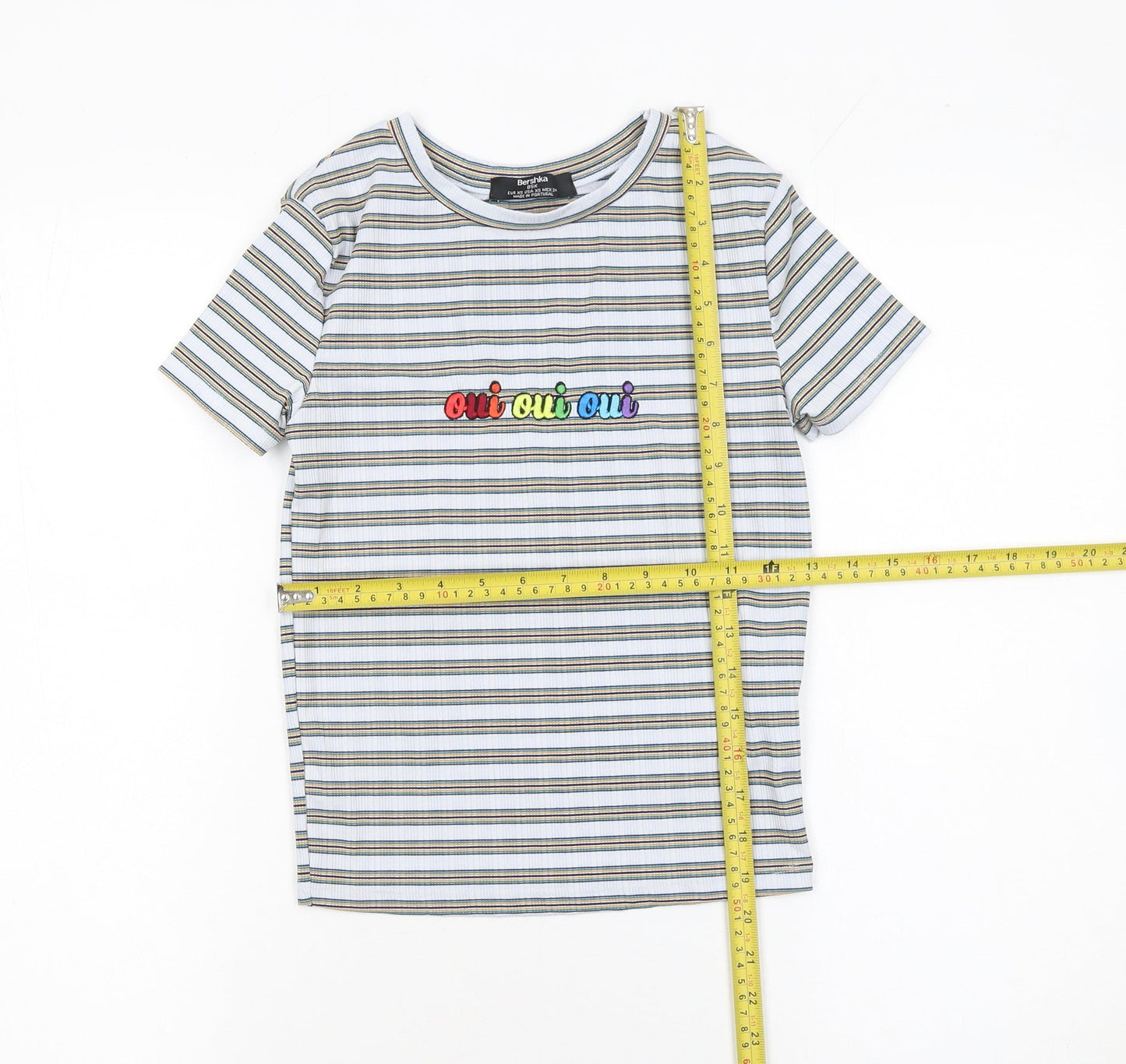 Bershka Women’s Multicoloured Striped Embroidered Oui Oui Oui T-Shirt XS
