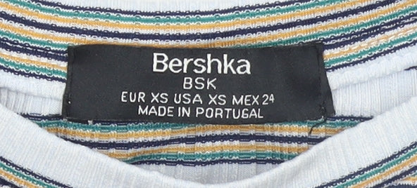 Bershka Women’s Multicoloured Striped Embroidered Oui Oui Oui T-Shirt XS