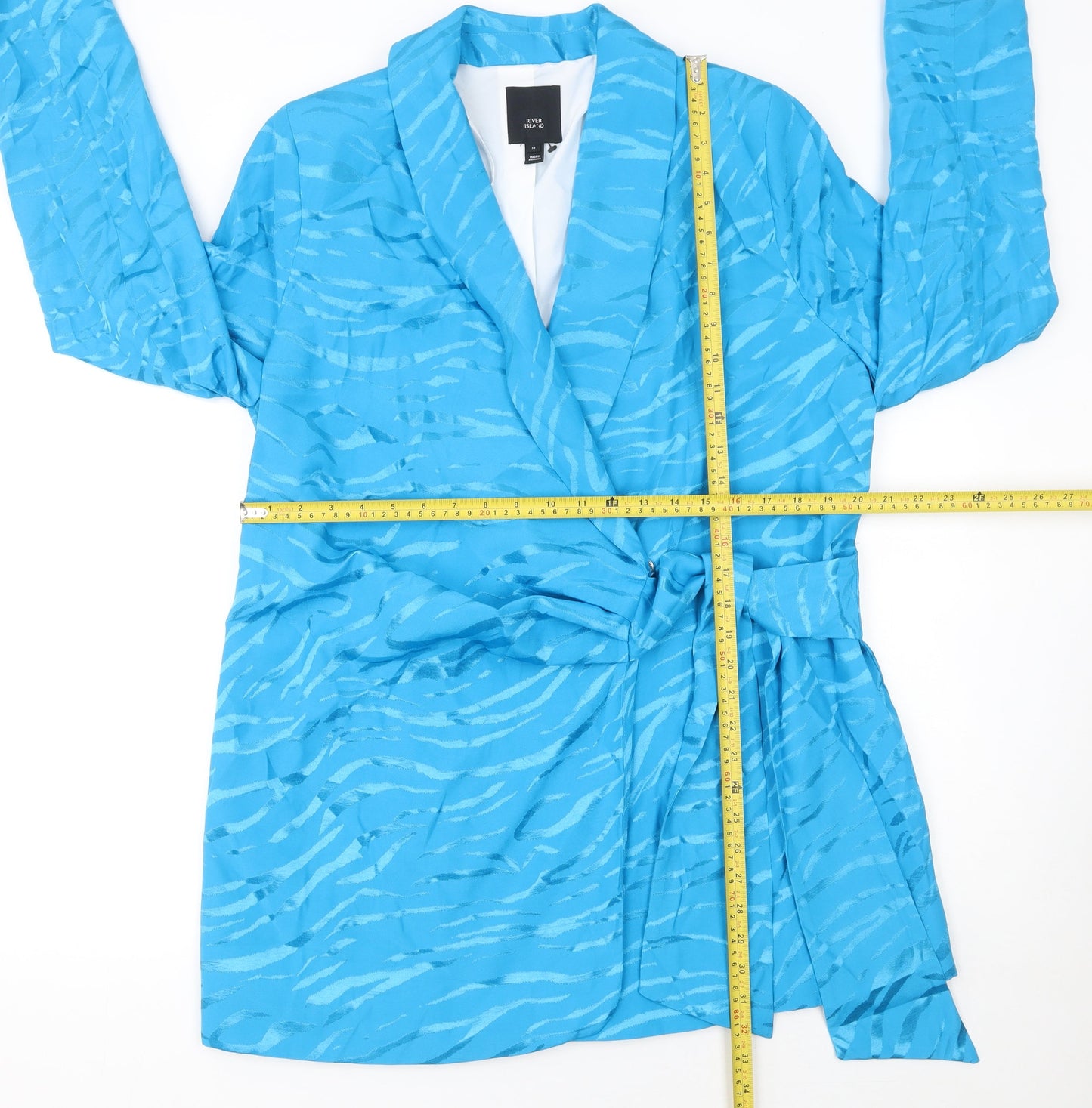 River Island Women Blue Belted Shawl Collar Blazer Size 14