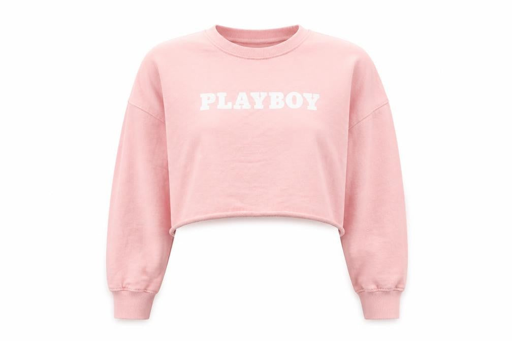 Front view of Playboy x Missguided Pink Cropped Pullover Sweatshirt Women, size 12