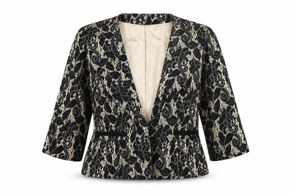 Viyella Women’s Black Floral Lace Satin Blazer Size 14 Elegant Formal Jacket
