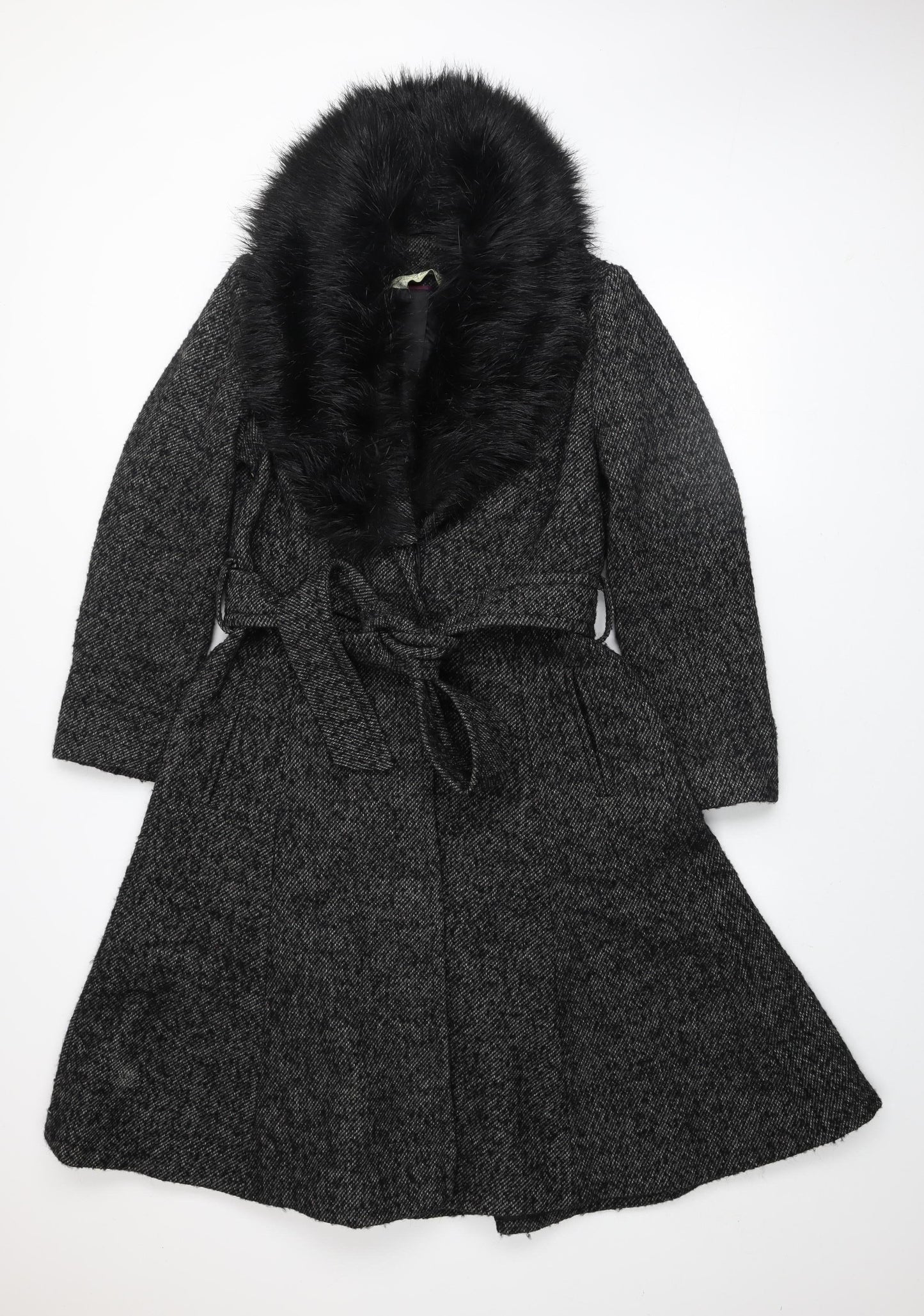 Gallery Women's Grey Long Belted Overcoat with Faux Fur Collar - Size 12