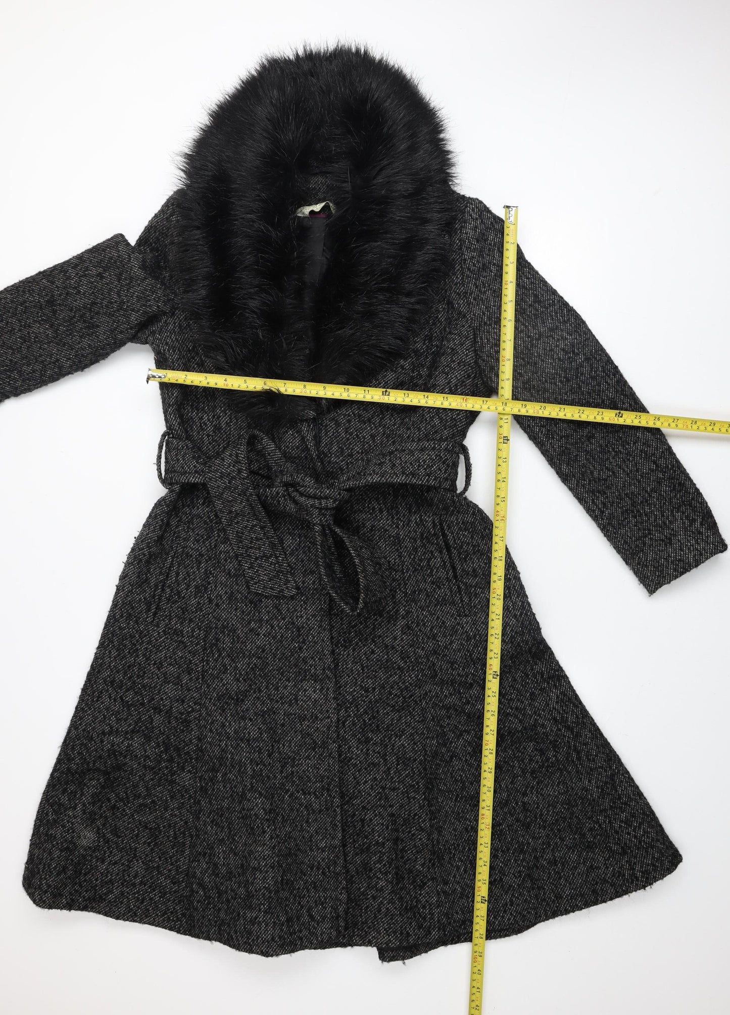 Gallery Women's Grey Long Belted Overcoat with Faux Fur Collar - Size 12
