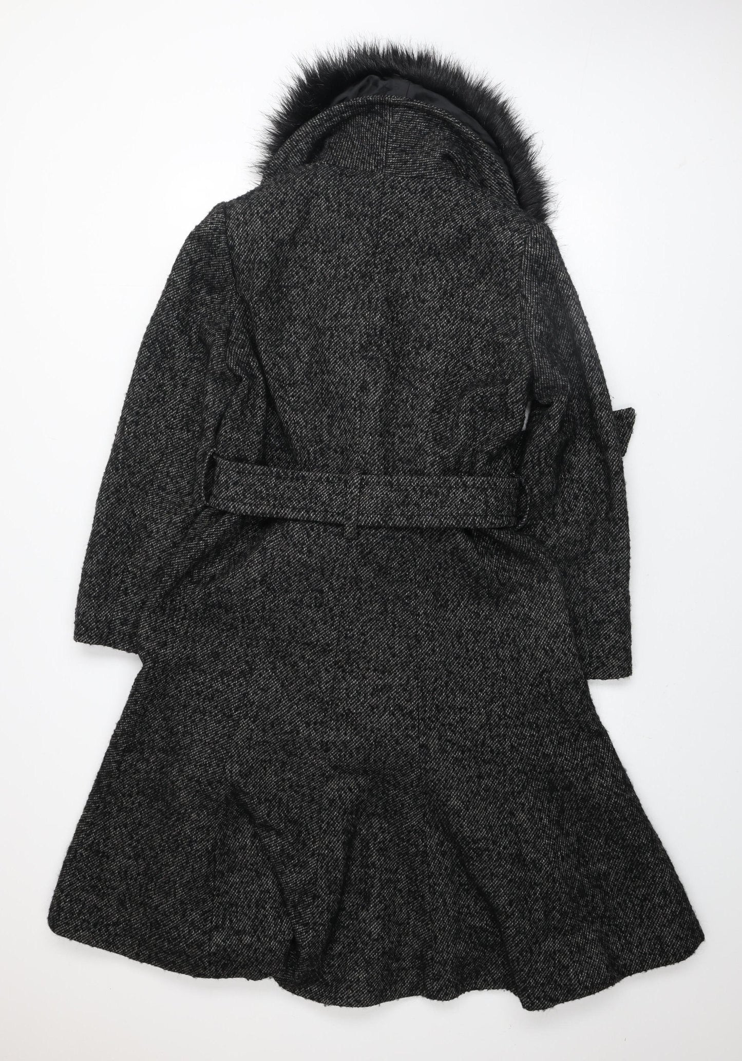 Gallery Women's Grey Long Belted Overcoat with Faux Fur Collar - Size 12