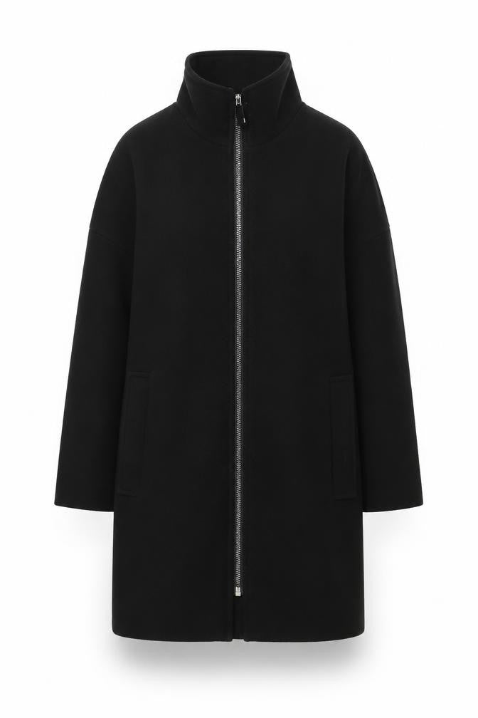 Front view of Jacqueline de Yong women’s black mid-length zip coat, size S