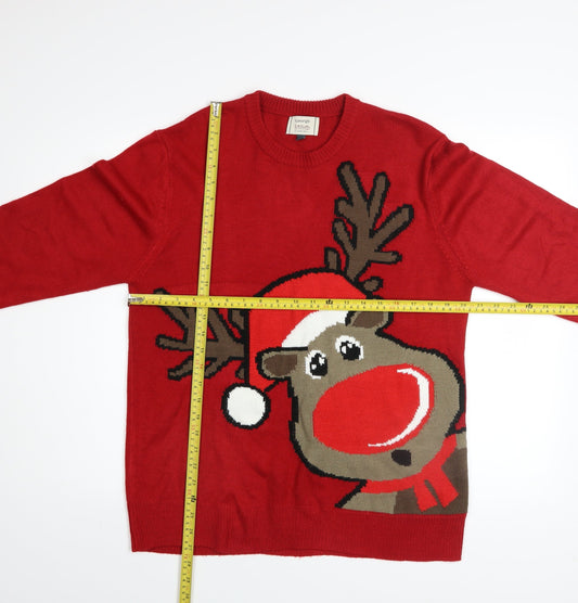 George Men's Red Reindeer Christmas Pullover Jumper Size M