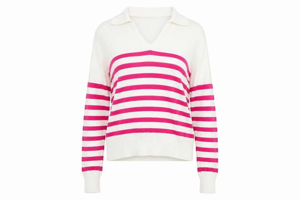 M&Co Women’s Cream Pink Striped V-Neck Long Sleeve Jumper Size 10