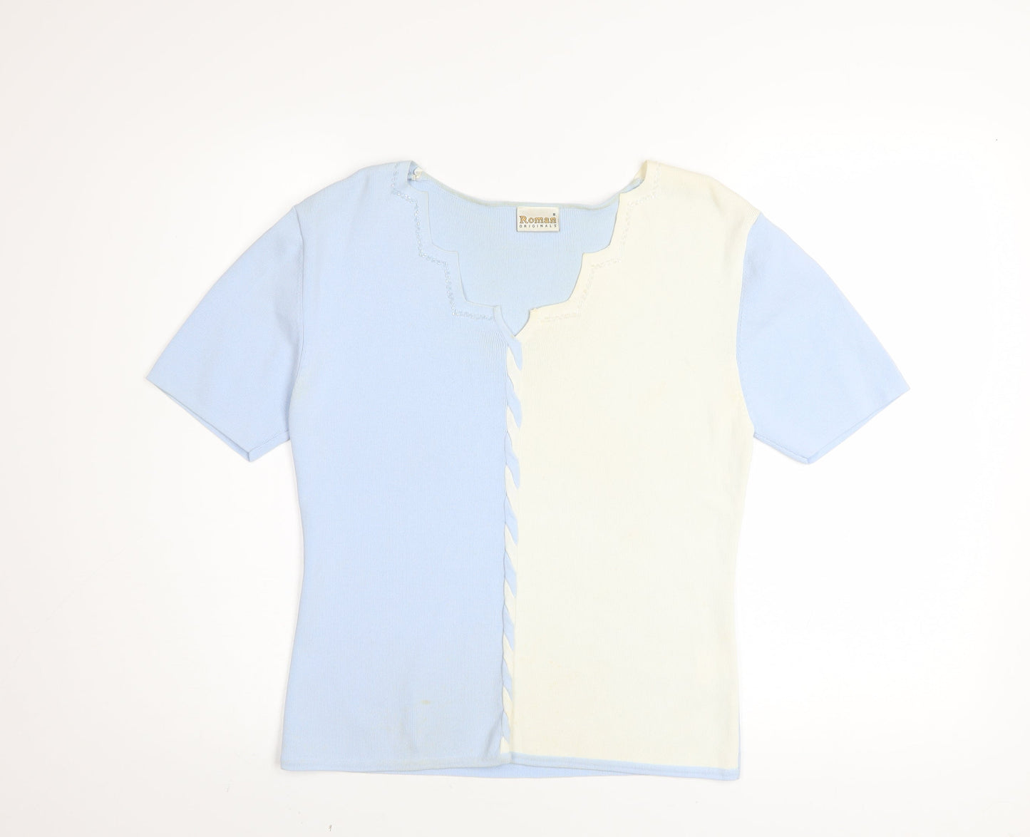 Roman Originals Women’s Blue & Ivory Knit Top Small Short Sleeve Colourblock